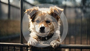 Homeless puppy sits behind bars in a dog shelter and waiting for the owner for adoption