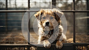 Homeless puppy sits behind bars in a dog shelter and waiting for the owner for adoption