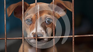 Homeless puppy waiting for adoption in shelter cage behind fences looking at a viewer.