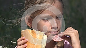 Homeless Sad Child in Abandoned House Unhappy Stray Girl Eating Bread Sausage