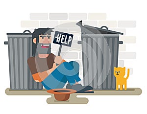 Homeless sad poor man sits on the ground near garbage containers with with help plate and cat vector illustration