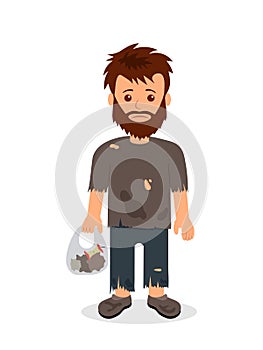 Homeless. Shaggy man in dirty rags and with a bag in his hand. Isolated character for infographics photo