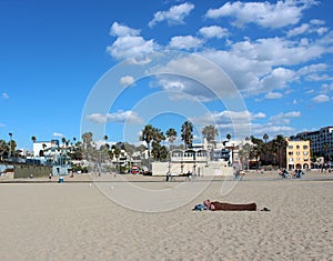 Homeless sleeping on the Santa Monica beach , Los Angeles , California, USA