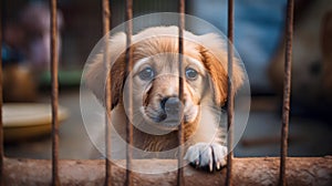 Homeless street puppy in a cage outdoors