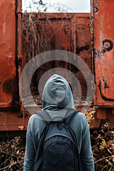 Homeless woman with backpack getting away from it all