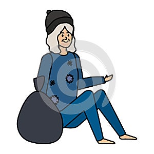 Homeless woman with bag character