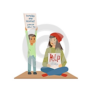 Homeless woman and boy begging in street asking for help, unemployment man needing help vector illustration