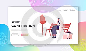 Homeless Woman Get Donation Website Landing Page. Unemployed Female Character Sitting on Bench in Park