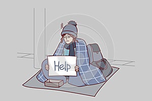 Homeless woman outdoor asks for alms sits on ground with inscription help on paper. Vector image