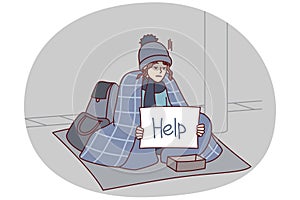 Homeless woman outdoor asks for alms sits on ground with inscription help on paper. Vector image