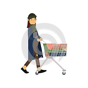 Homeless woman pushing shopping cart with her possessions, unemployment male needing for help cartoon vector