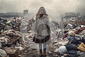 Homeless woman skirt garbage. Generate AI