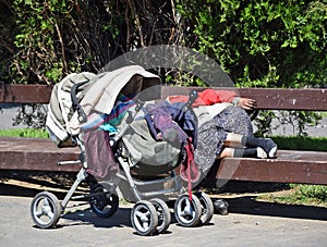 Homeless woman is sleeping