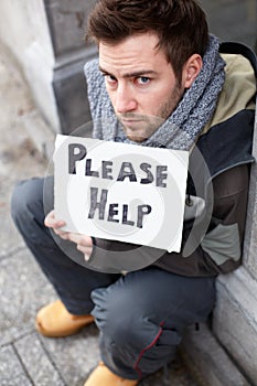 Homeless Young Man Begging In Street