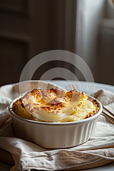 Homely shepherd& x27;s pie bathed in natural light, set for a comforting meal