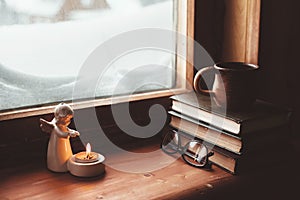 Homely wnter concept of window sill photo