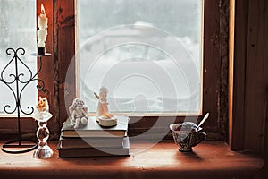 Homely wnter concept of window sill photo