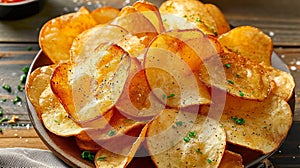 Homemade air-fried potato chips with herbs in a basket. healthy snack American cuisine concept