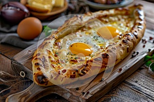 Homemade Ajarian Khachapuri with Sulguni Cheese Filled with a Raw Egg and Melted Butter Close Up