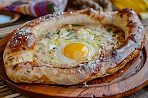 Homemade Ajarian Khachapuri with Sulguni Cheese Filled with a Raw Egg and Melted Butter Close Up