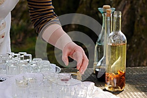 Homemade alcohol drinks are being served in farm tourism