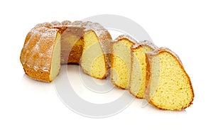 Homemade Alsatian sour cream coffee cake isolated on white background with shadow reflection. Sweet bundt cake.