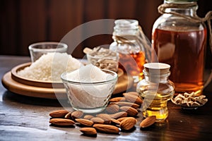 homemade amaretto ingredients: almonds, sugar, and vanilla