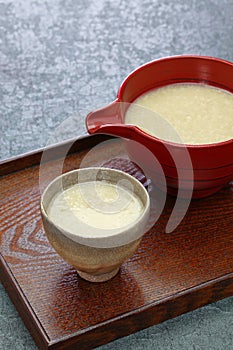 Homemade Amazake, Japanese traditional sweet drink made from rice koji.