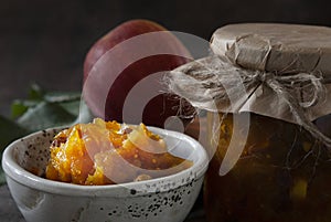 Homemade apple chutney made from fresh juicy apples. Close-up, selective focus. Traditional Indian food