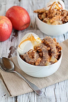 Homemade Apple Crisp or Crumble with Ice Cream and Caramel Sauce