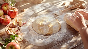 Homemade apple pie preparation in sunlit kitchen with fresh ingredients