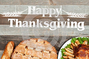 Homemade apple pie and roasted whole turkey on wooden table. Thanksgiving Celebration Traditional Dinner Setting Food Concept