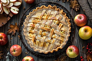 Homemade apple pie on a rustic wooden table, rustic dessert freshly baked