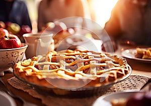 Homemade apple pie with sugar powder on table on family gathering thanksgiving evening.Macro.AI Generative