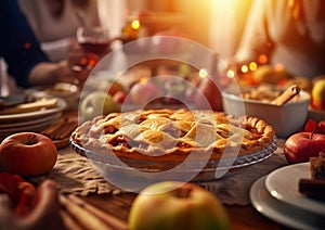Homemade apple pie with sugar powder on table on family gathering thanksgiving evening.Macro.AI Generative