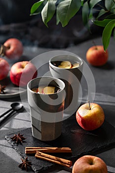 Homemade apple punch or cider with apples and cinnamon in gray cups on a dark background with fresh fruits, spices and shadows