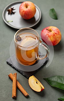 Homemade apple punch with fresh apples, cinnamon and spices in cup on a green background with fresh fruits and branch