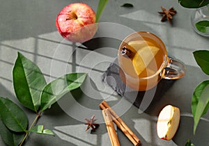 Homemade apple punch with fresh apples, cinnamon and spices in cup on a green background with fresh fruits, branch and morning