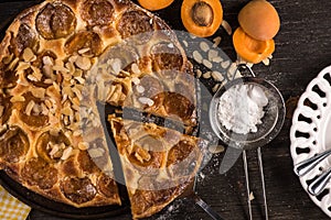 Homemade apricot tart with almonds and fresh fruits