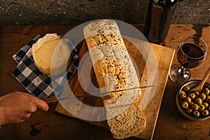 Homemade and artisan bread of morita chili and spices in a stick photo