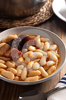 Homemade asturian fabada, a traditional spanish bean stew