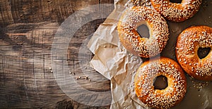 Homemade bagels, fresh on baking paper, boast a crispy texture and sesame seed topping. Ample space for creative use