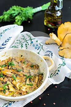 Homemade baked chanterelle mushrooms in frying pan isolated