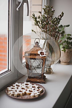 Homemade baked cookies with chocolate on a plate on white windowsill