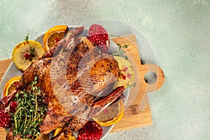 Homemade baked duck. festive christmas dish banner, menu, recipe copy space, top view