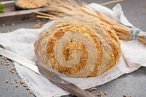 Homemade baked round bread with corn and wheat