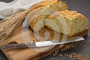 Homemade baked round bread with corn and wheat