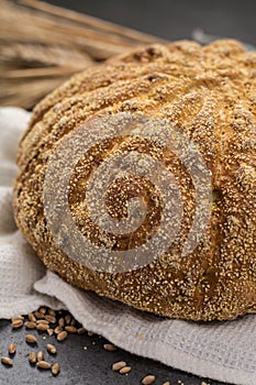 Homemade baked round bread with corn and wheat