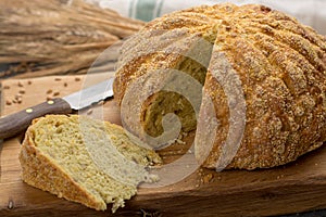 Homemade baked round bread with corn and wheat