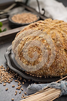 Homemade baked round bread with corn and wheat